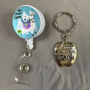 2 Teacher Appreciation Gifts  Apple Keychain With Message And Llama ID Card Reel